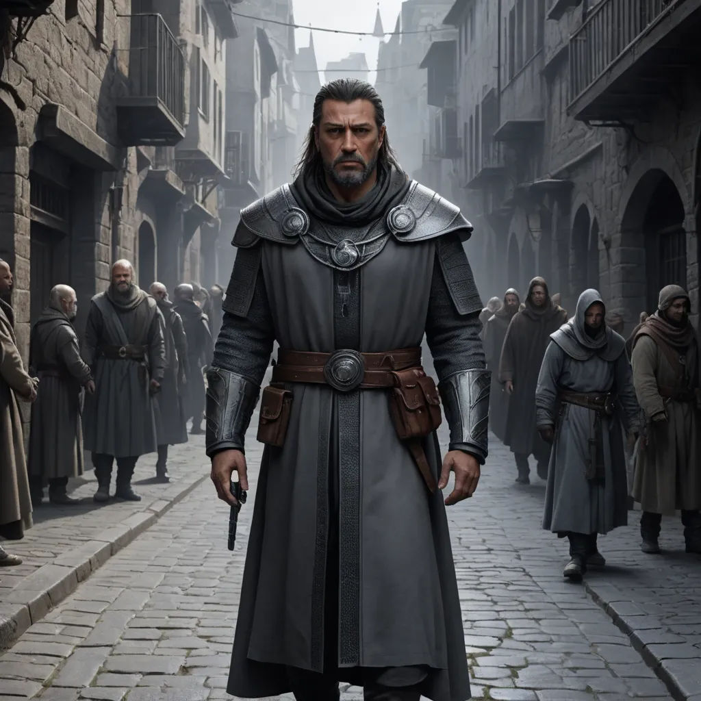 a man in a long coat and a long beard standing in a street with other men in the background, antipodeans, a character portrait, Enki Bilal, promotional image