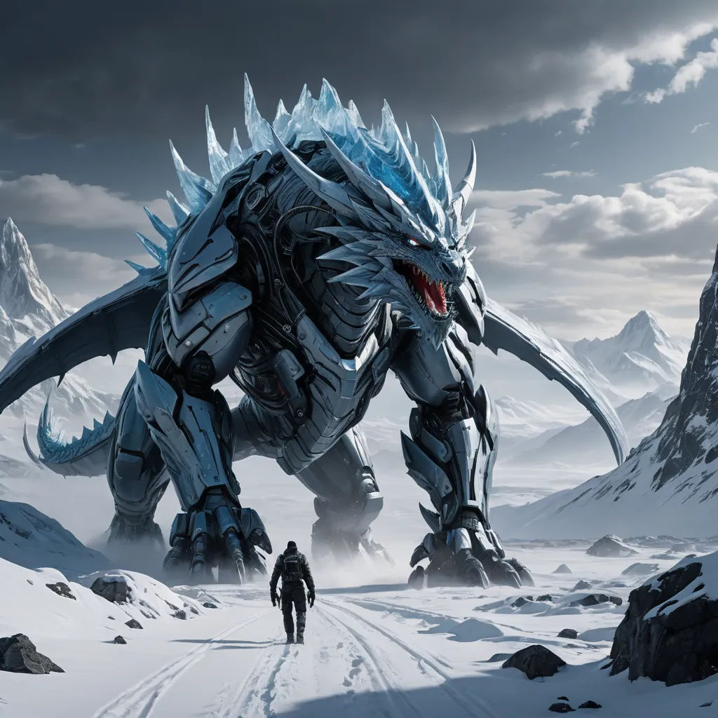 a man walking in the snow next to a giant monster like creature with sharp teeth and sharp teeth,, fantasy art, concept art, Cedric Peyravernay, dragon art