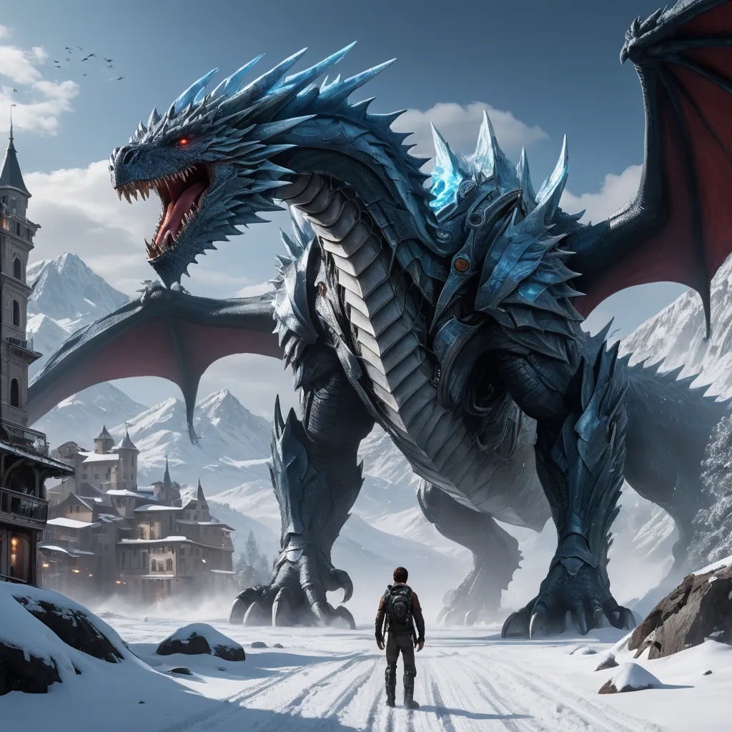 a man standing in front of a giant dragon in a snowy landscape with a castle in the background and a person standing in the foreground, fantasy art, concept art, Cedric Peyravernay, dragon art