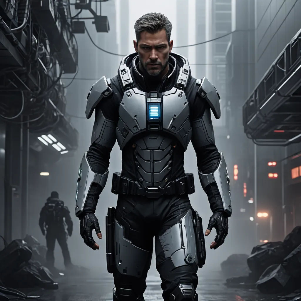 a man in a futuristic suit standing in a city street with a sci - fi fi fi fi fi fi fi fi fi fi fi fi fi fi fi fi fi fi fi fi fi fi fi fi fi fi fi fi fi, antipodeans, computer graphics, Cedric Peyravernay, unreal engine 5 highly rendered