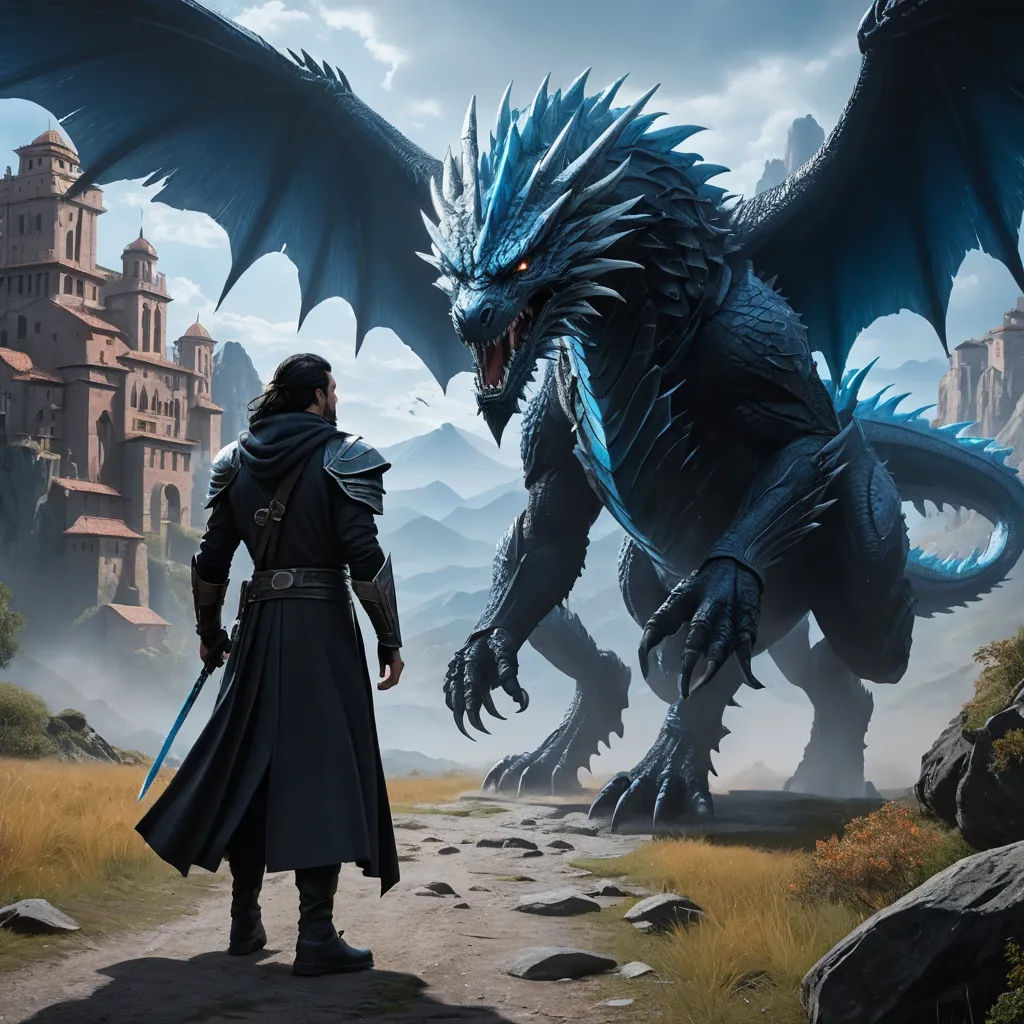 a man standing next to a dragon on a road near a castle with a giant dragon on it's back, fantasy art, concept art, Clint Cearley, magic the gathering artwork