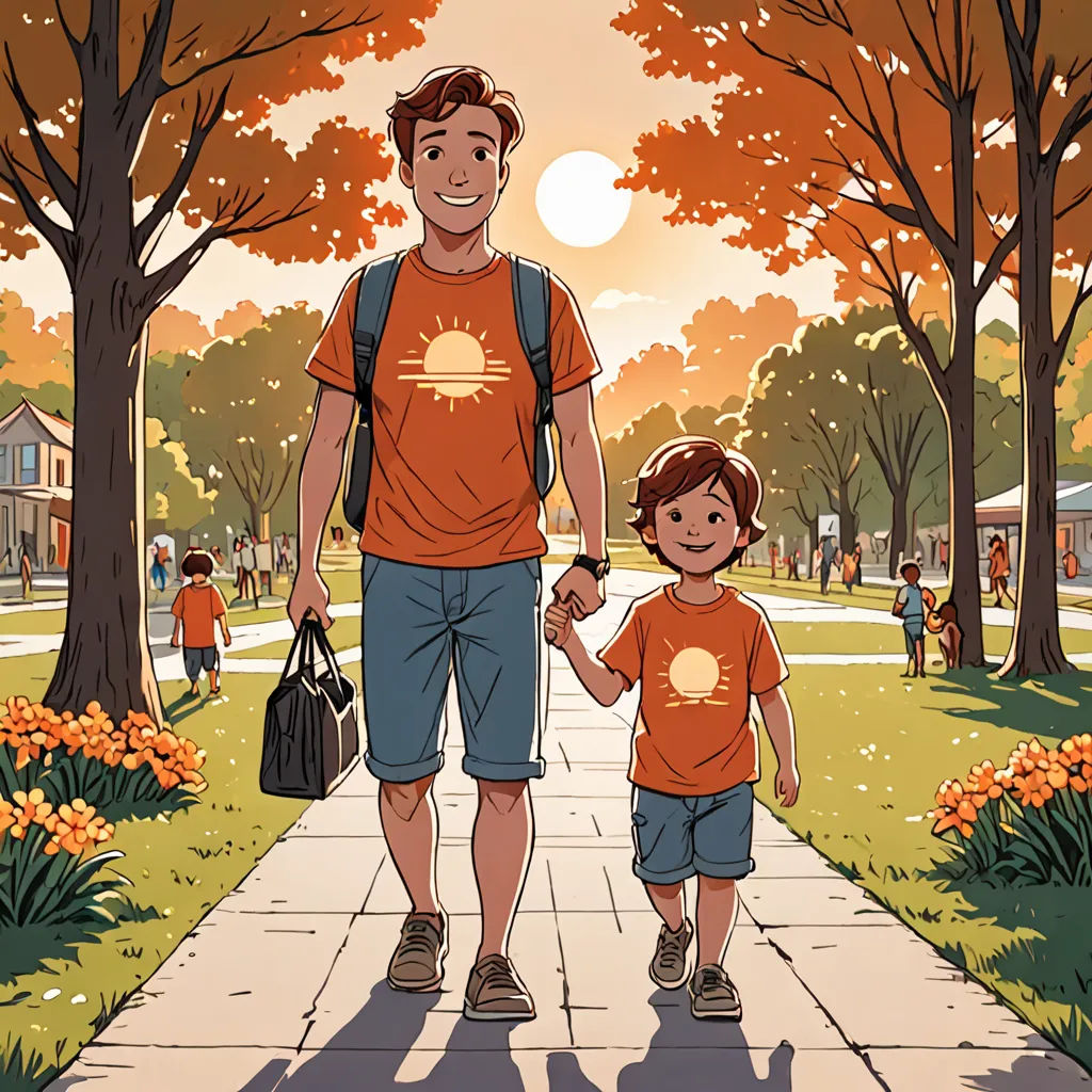 a man and a child walking down a sidewalk in a park with trees and flowers on either side of them, vancouver school, a storybook illustration, Asaf Hanuka, comic cover art