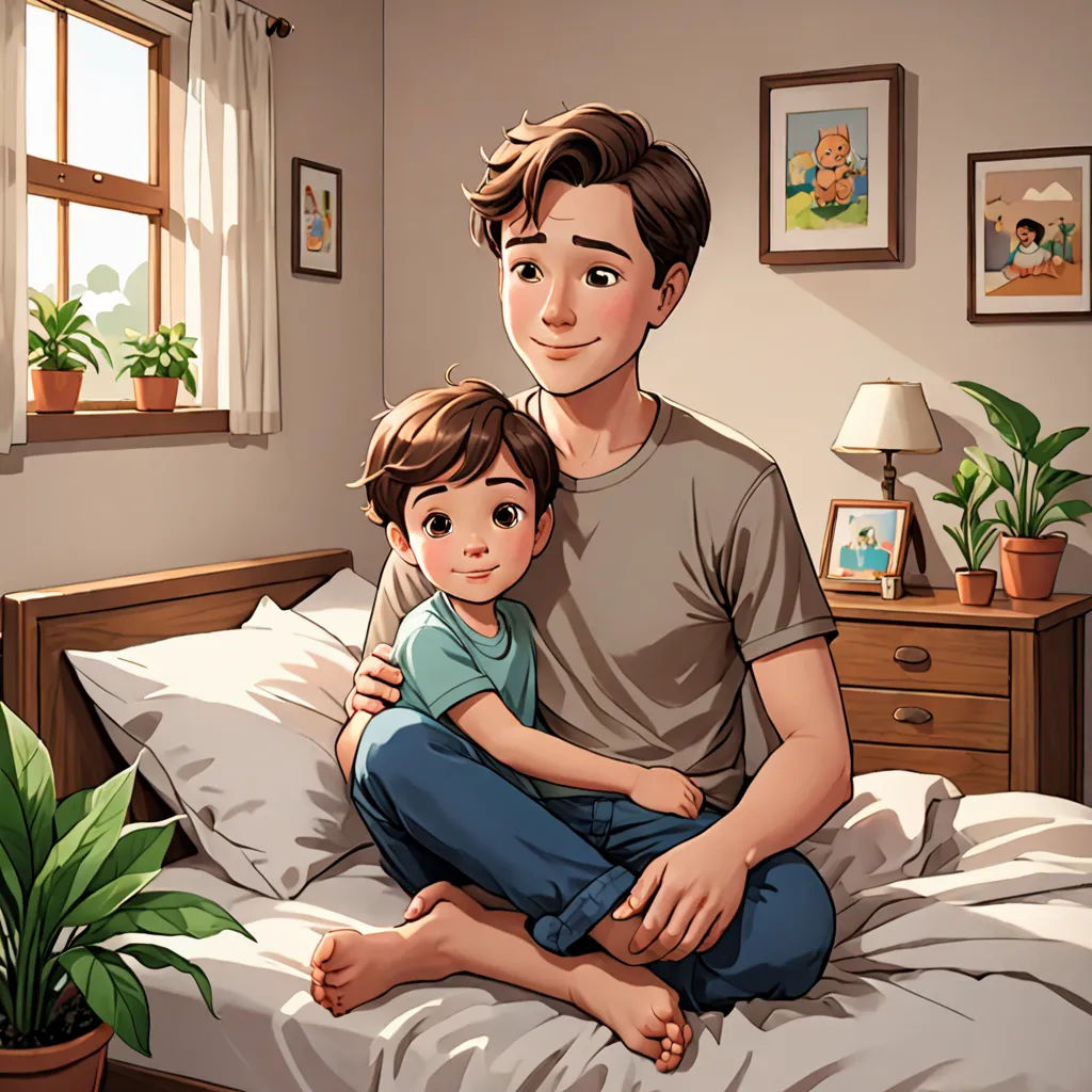 a man and a child sitting on a bed in a bedroom with a plant in the corner of the room, sots art, a storybook illustration, Diego Gisbert Llorens, official art