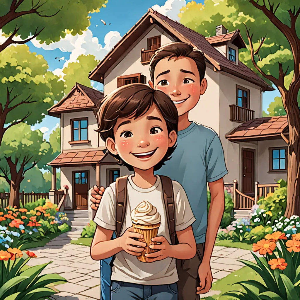 a boy and a girl are standing in front of a house with a cupcake in front of them, american scene painting, a storybook illustration, Brothers Hildebrandt, comic cover art