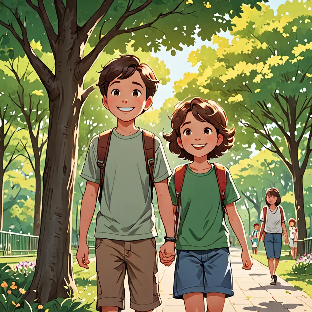 a couple of people walking down a sidewalk next to a tree filled park with flowers and trees on both sides of the path, paris school, a storybook illustration, Brothers Hildebrandt, rossdraws global illumination