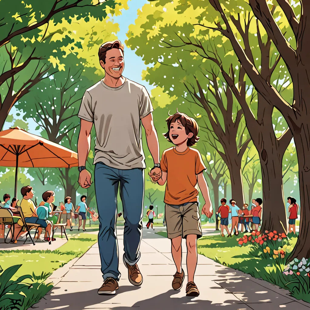 a man and a boy walking down a sidewalk in a park with trees and people in the background,, american scene painting, a storybook illustration, Asaf Hanuka, official art
