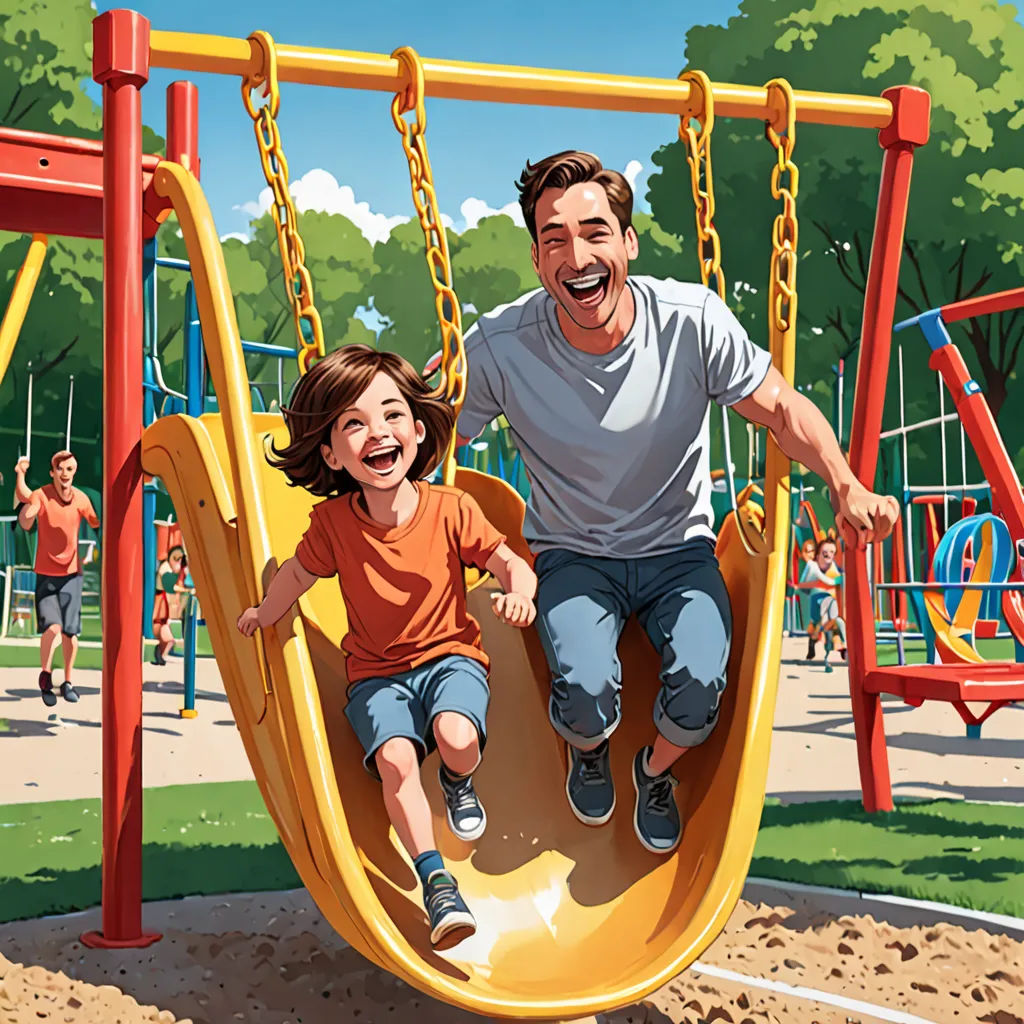 a man and a little girl are playing on a swing set in a park together, with a playground in the background, american scene painting, a storybook illustration, Chris LaBrooy, ultra realistic illustration