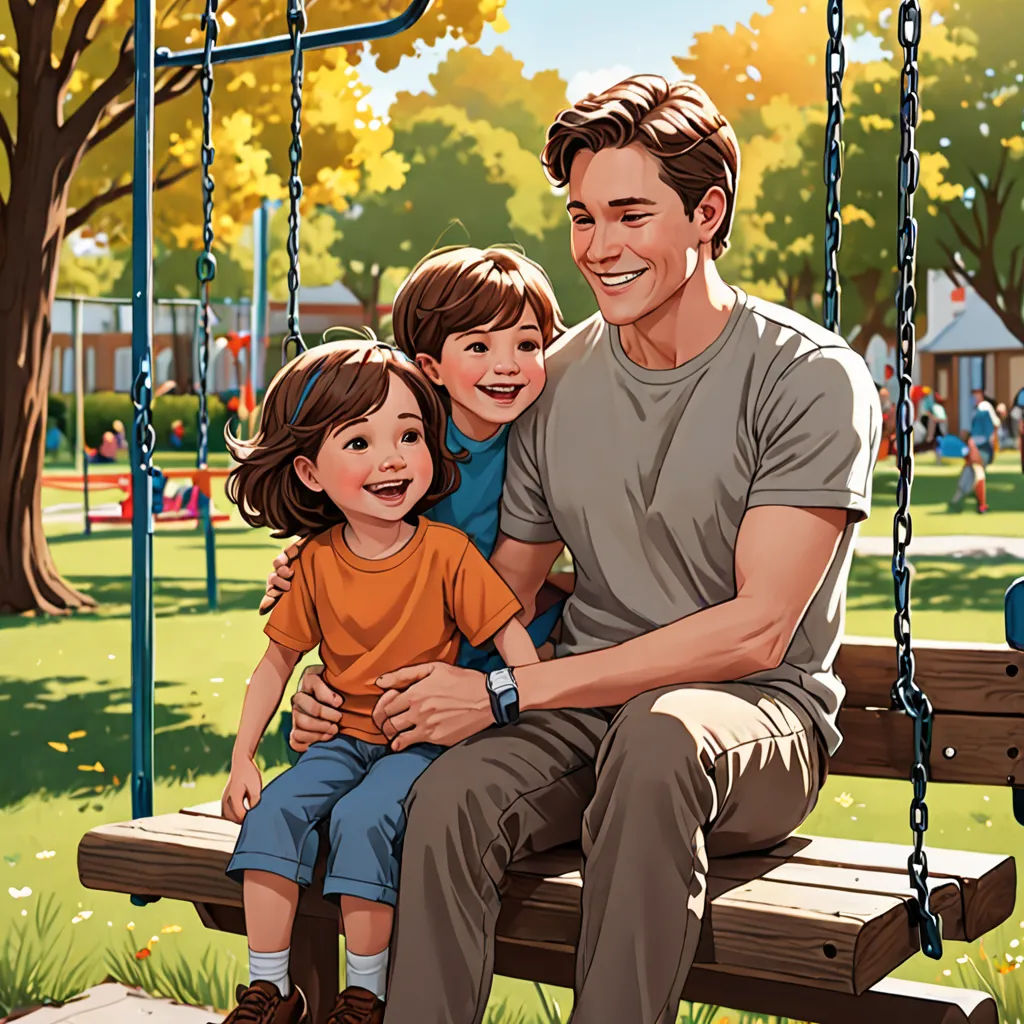 a man and two children sitting on a swing in a park with a playground in the background and a tree, american scene painting, a storybook illustration, David Park, official art