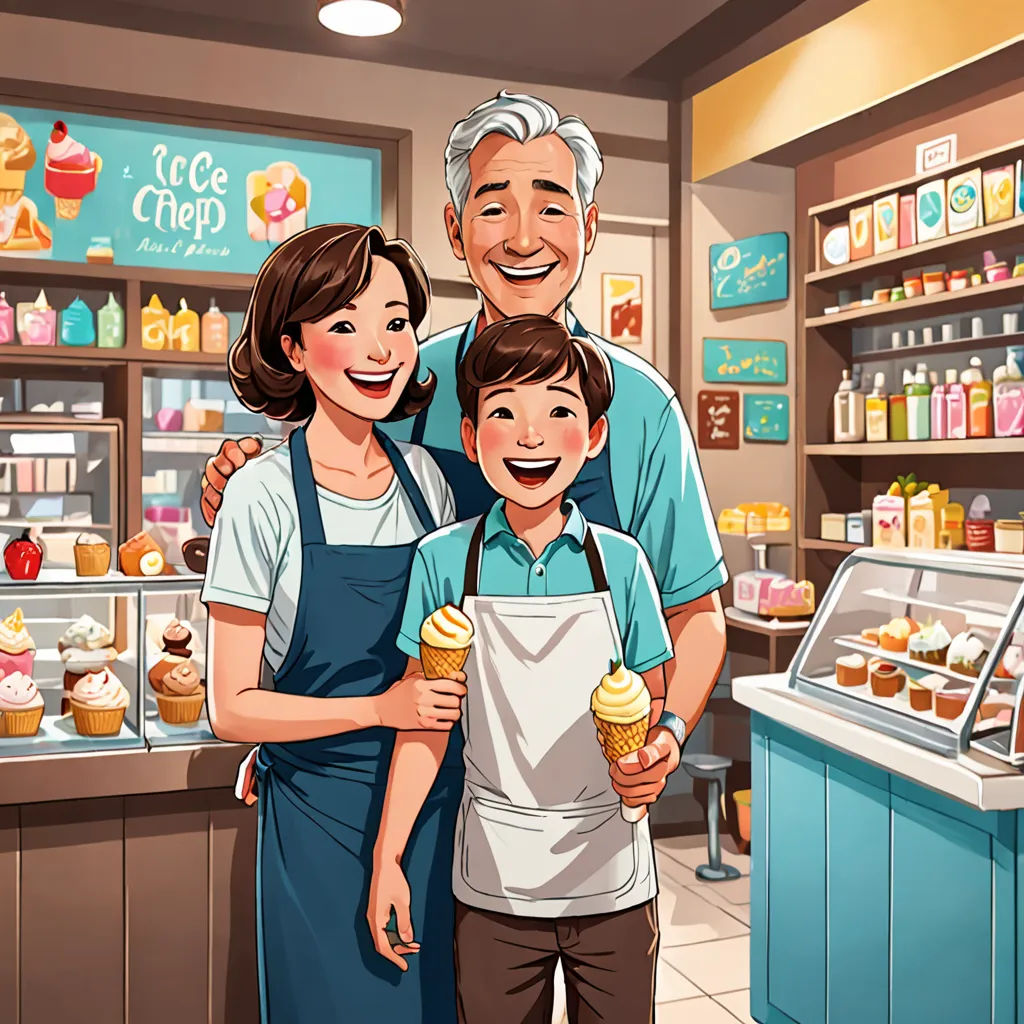 a man and woman holding a boy in a bakery with a boy holding a cupcake in front of them, american scene painting, a storybook illustration, Byeon Sang-byeok, storybook illustration