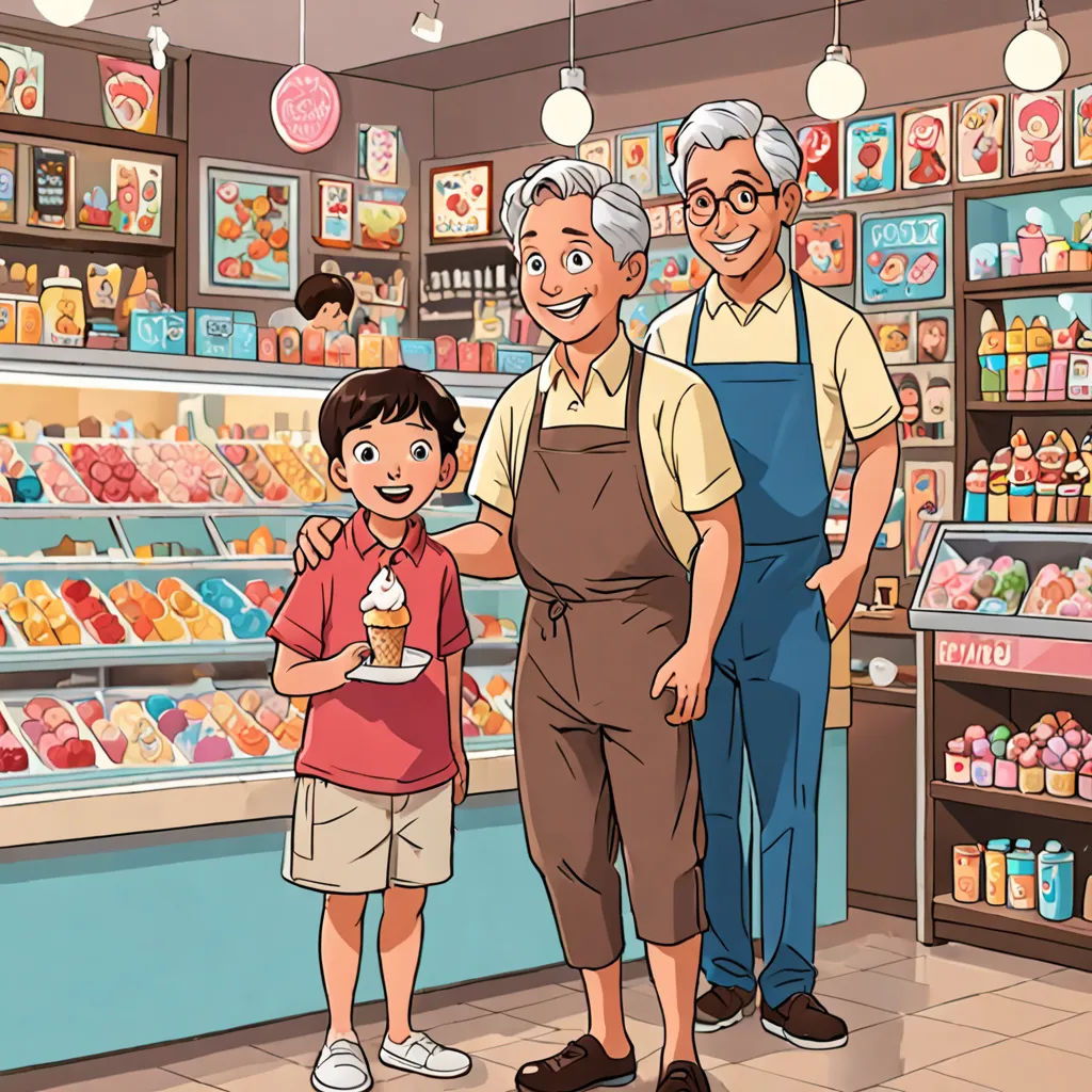 a man and a boy standing in front of a store display of food and drinks, with a man holding a cup of coffee, lyco art, a storybook illustration, Asaf Hanuka, official art
