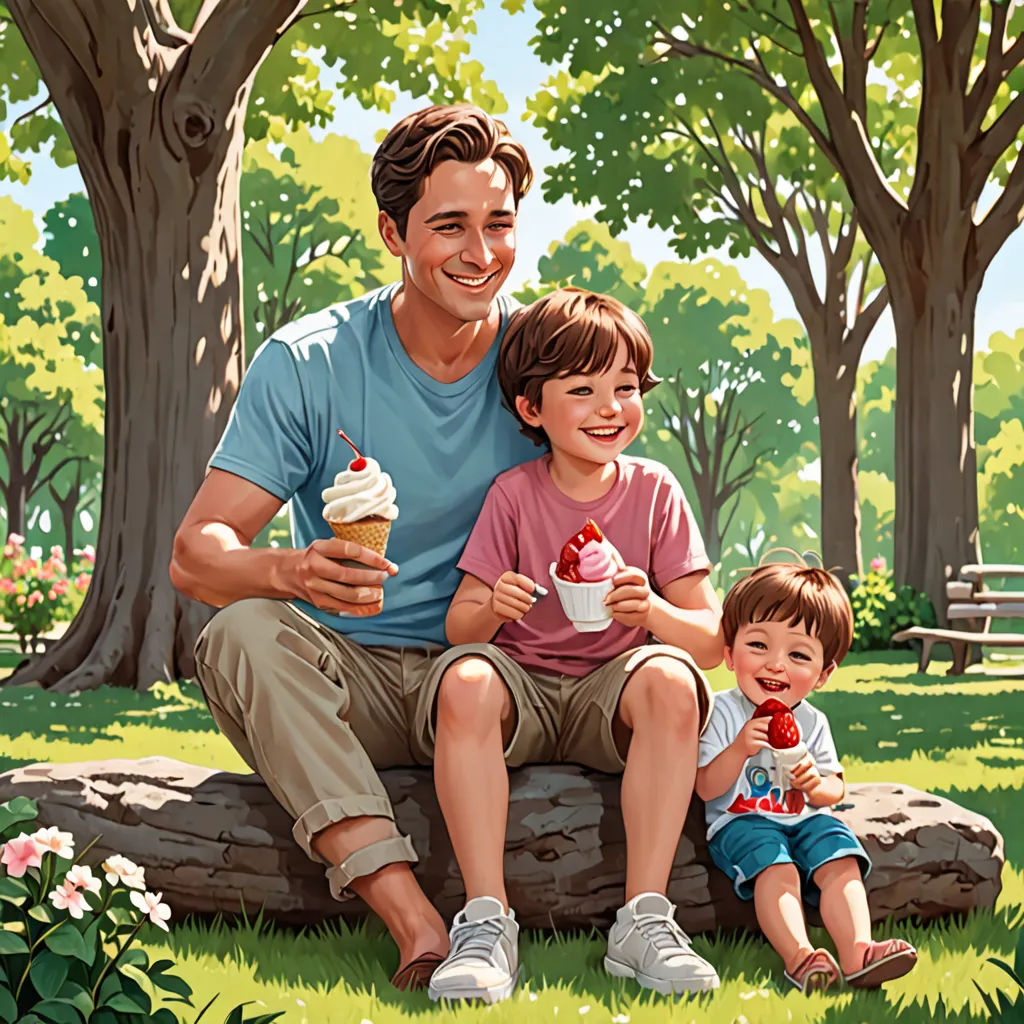 a man and a child sitting on a log eating ice cream and a cupcake in a park with trees, american scene painting, a storybook illustration, F Scott Hess, official art