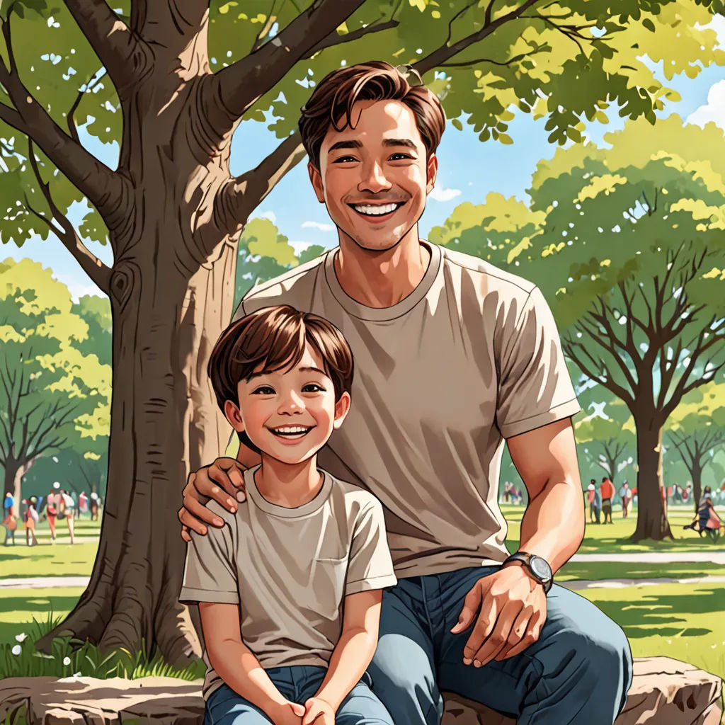a man and a boy sitting on a bench in a park with trees and people in the background,, american scene painting, a storybook illustration, David Park, graphic novel
