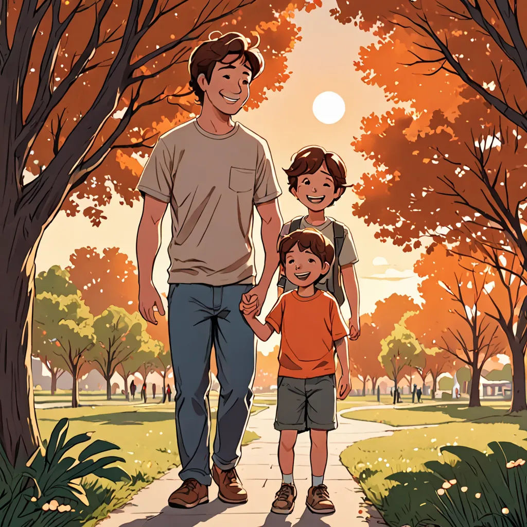 a man and two children walking down a path in a park with trees and grass on either side of them, american realism, a storybook illustration, David Park, official art