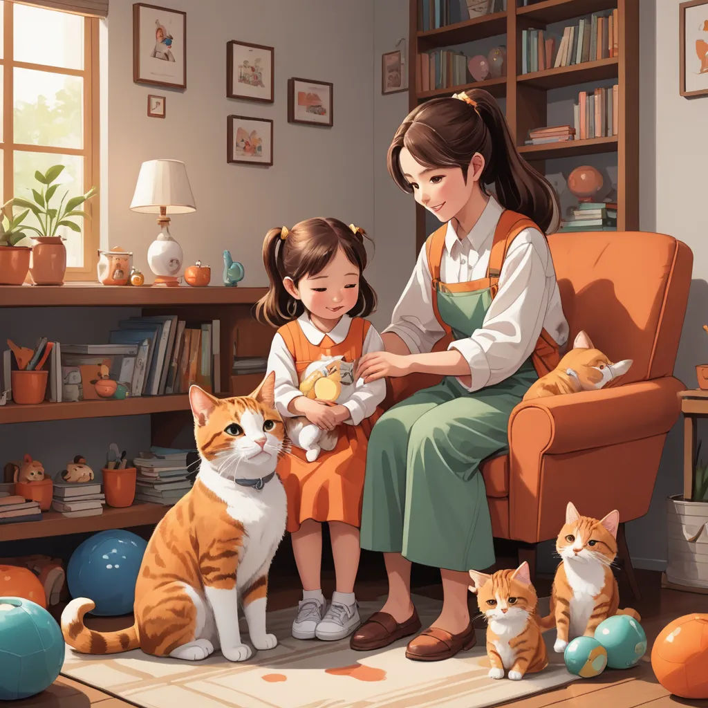 a woman sitting on a chair with a little girl and two cats in front of her and a cat on the floor, art & language, a storybook illustration, Chen Hong, storybook illustration