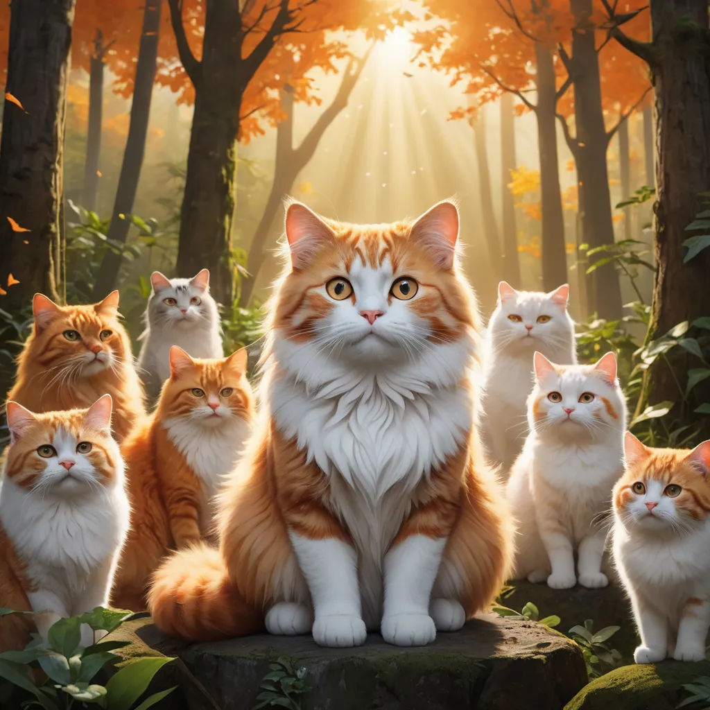 a group of cats sitting on a rock in the woods with a sunbeam in the background and trees, furry art, poster art, Carlos Catasse, key art