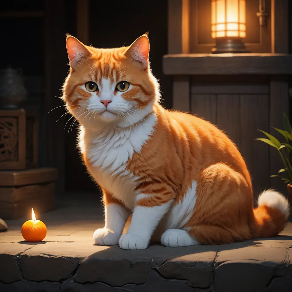 a cat sitting on a stone floor next to a lit candle and a potted plant in the background, sots art, a photorealistic painting, Chris LaBrooy, ultra realistic digital art