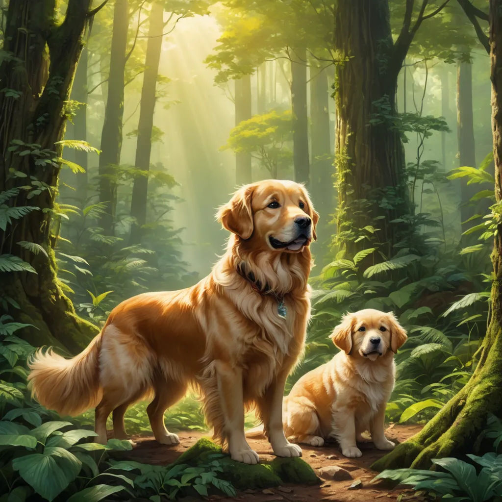 a painting of two dogs in a forest setting with sunlight streaming through the trees and leaves on the ground, furry art, a fine art painting, Brothers Hildebrandt, highly detailed digital painting