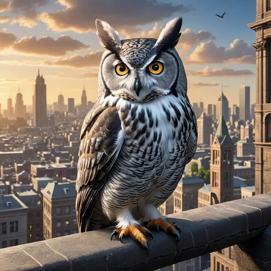 a large owl sitting on top of a metal railing in front of a city skyline with a bird flying overhead, photorealism, a detailed matte painting, Chris LaBrooy, behance hd