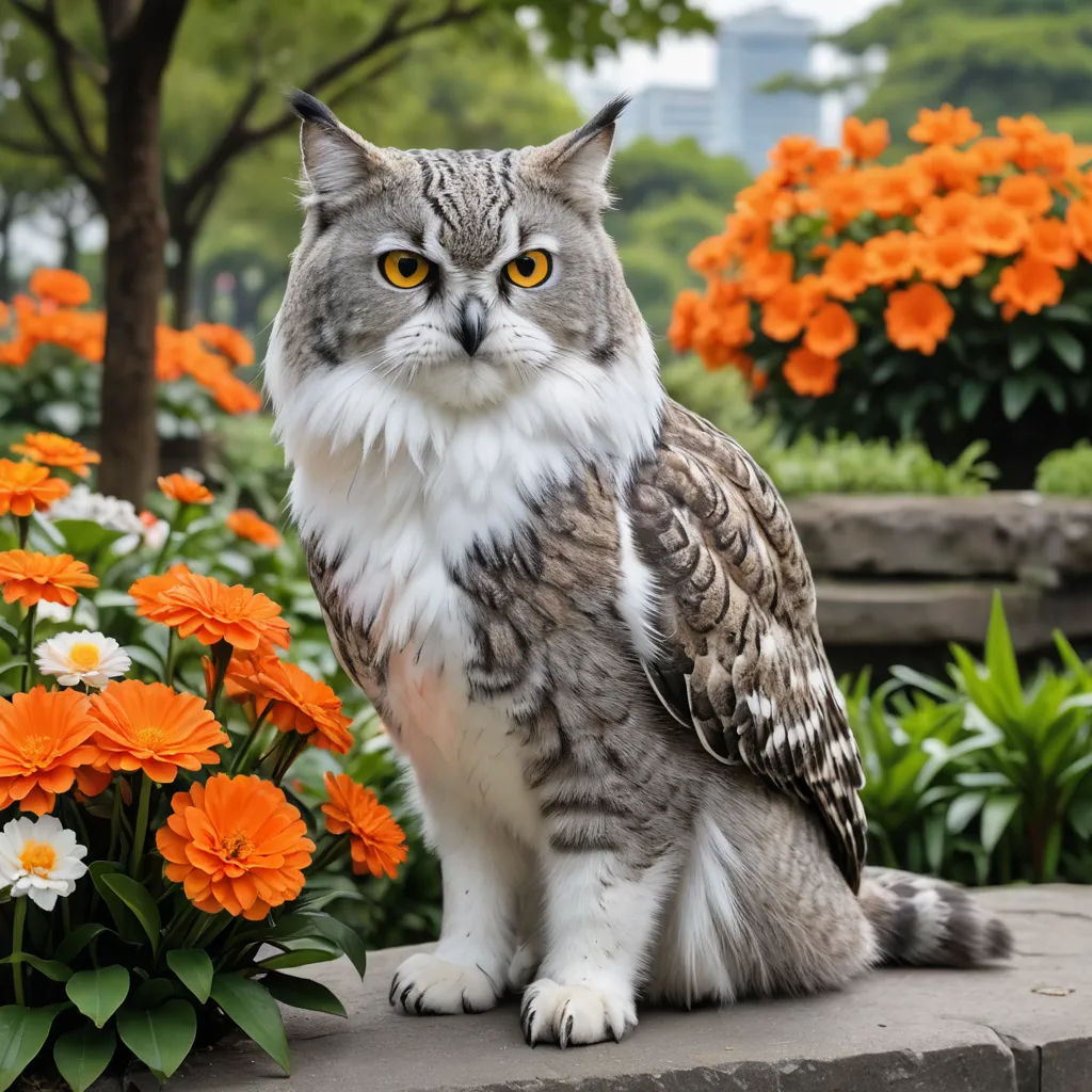 a cat sitting on a ledge in a garden with orange flowers and trees in the background, with a large owl like creature sitting on top of the ledge, naturalism, a stock photo, Carlos Catasse, animal photography