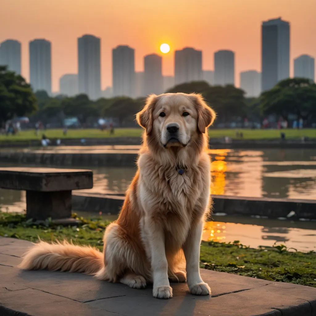 a dog sitting on a bench in front of a lake with a city skyline in the background at sunset, neoism, a stock photo, Elke Vogelsang, city background