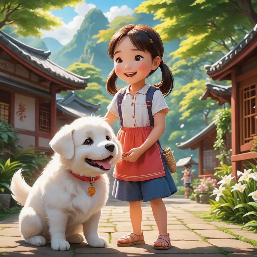 a girl and a dog standing in front of a house with a mountain in the background and a forest, american scene painting, a storybook illustration, Chen Hong, official art