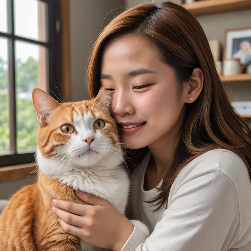 a woman holding a cat in her arms and smiling at the camera while sitting on a couch in front of a window, rayonism, a stock photo, Byeon Sang-byeok, professional photo