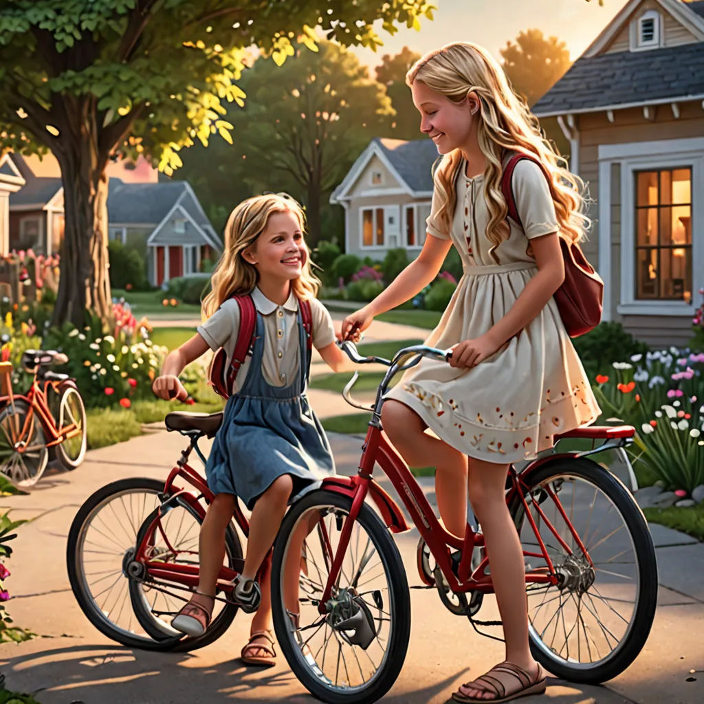 a painting of two girls riding bikes on a sidewalk in front of a house and a house with a tree, american impressionism, a detailed matte painting, Bob Byerley, promotional image