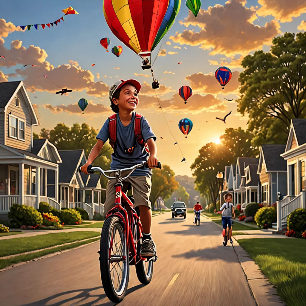 a boy riding a bike down a street with balloons flying above him and a car driving down the road, american scene painting, a storybook illustration, Bob Byerley, highly detailed digital painting