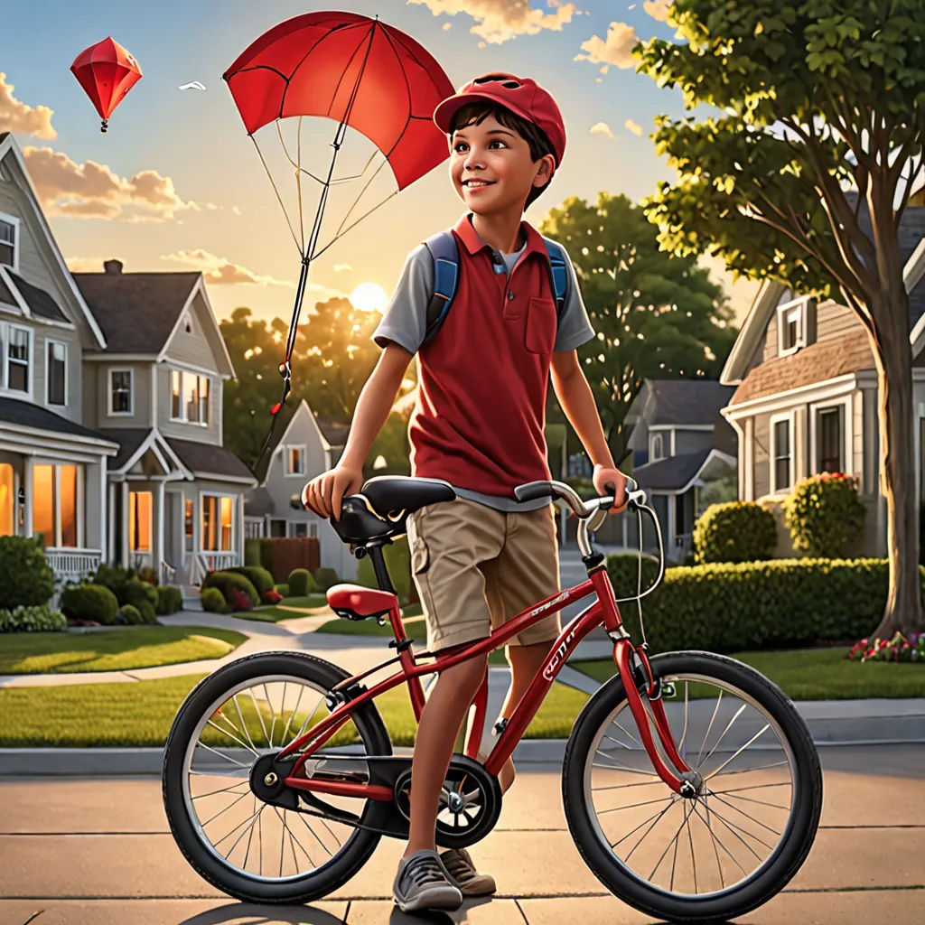 a boy on a bike with a kite in the background of a suburban neighborhood at sunset with a house and trees, american scene painting, a storybook illustration, Bob Byerley, promotional image