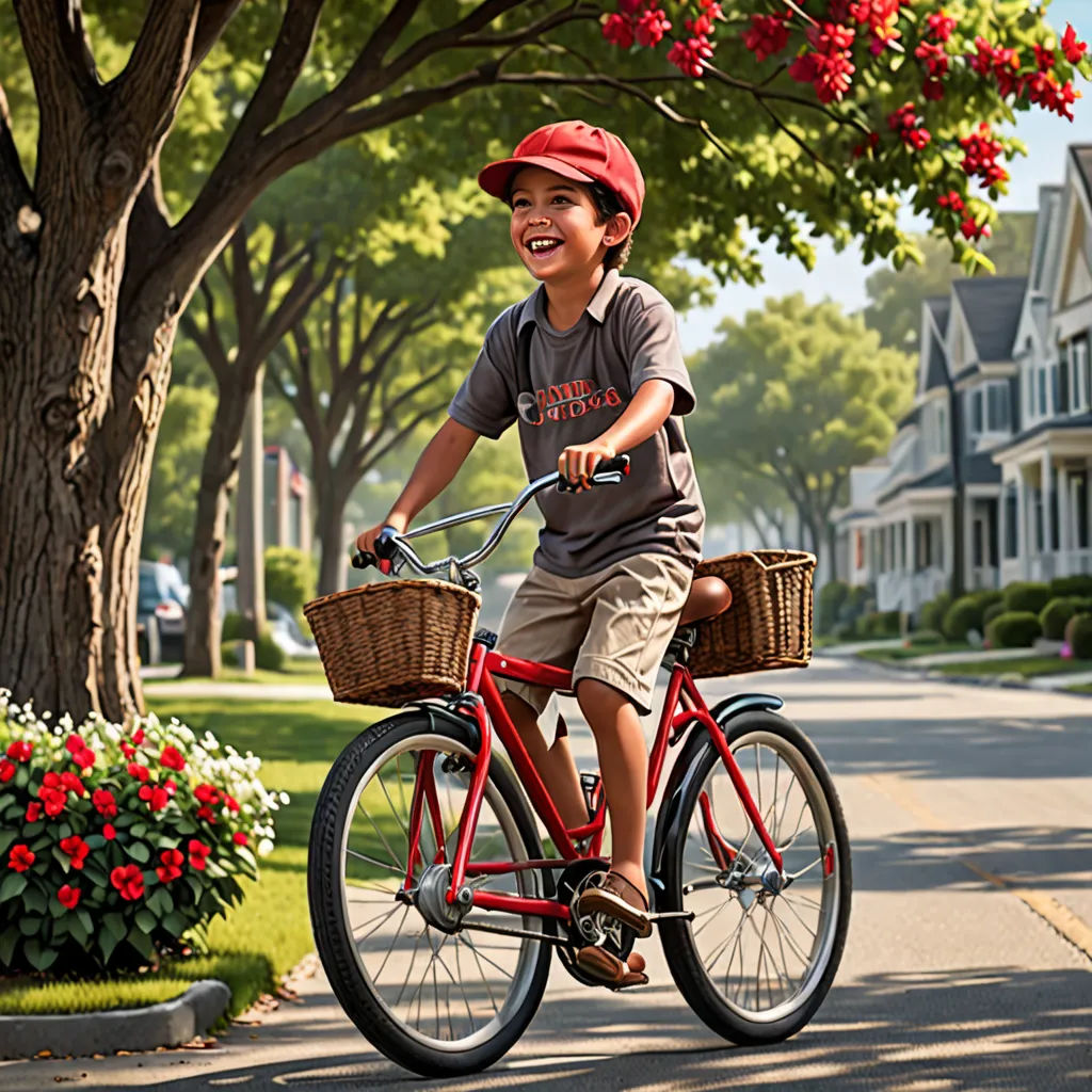 a boy riding a bike down a street with a basket on the front of it and a tree in the background, american impressionism, a stock photo, Bob Byerley, award - winning photography