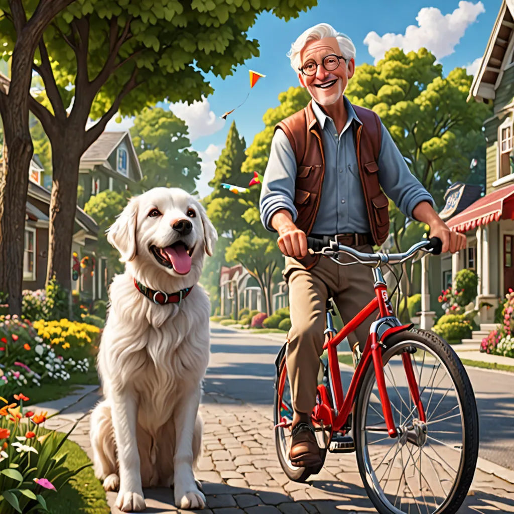 a man riding a bike next to a dog on a sidewalk in front of a house with a dog, american scene painting, a storybook illustration, Charles Schulz, pixar style