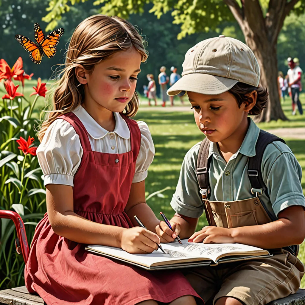 two children sitting on a bench writing in a book and a butterfly flying above them, in a park, plein air, a storybook illustration, Bob Byerley, promotional image