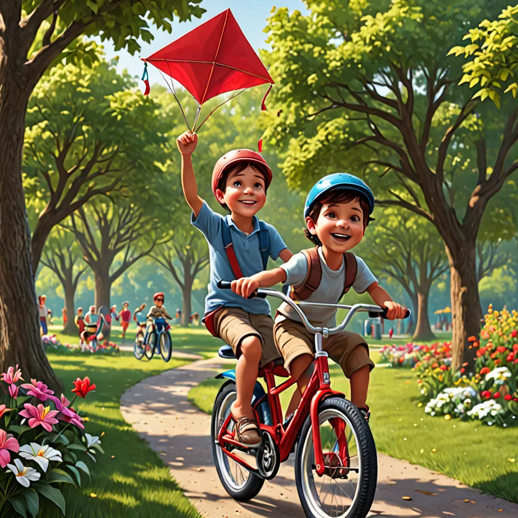 a boy and a girl riding a bike with a kite in the air over their heads and a girl on the back of the bike, photorealism, a storybook illustration, Bob Byerley, key art