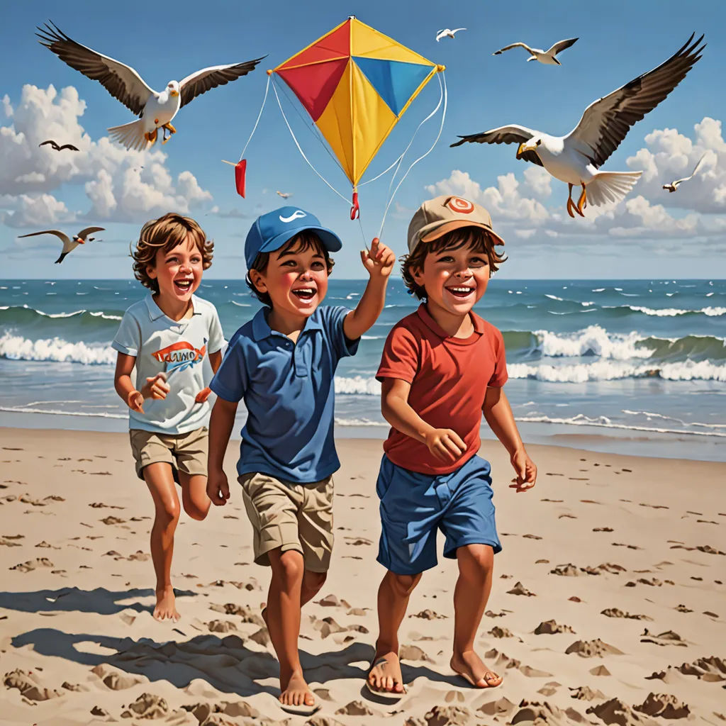 two boys running on the beach with a kite in the air and seagulls flying above them,, american scene painting, an ultrafine detailed painting, Bob Byerley, highly detailed digital painting