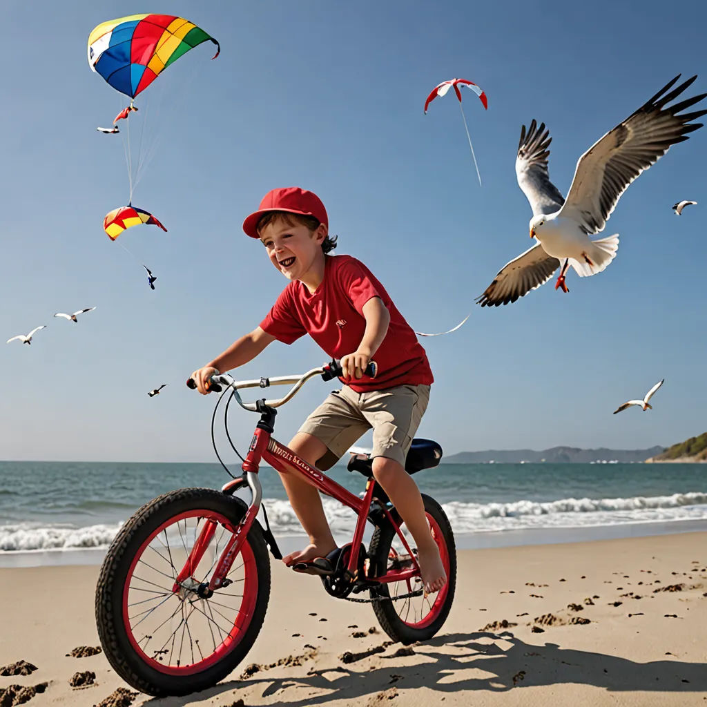 a boy riding a bike on the beach with seagulls flying above him and a kite in the sky, art photography, a stock photo, Bob Byerley, award - winning photography