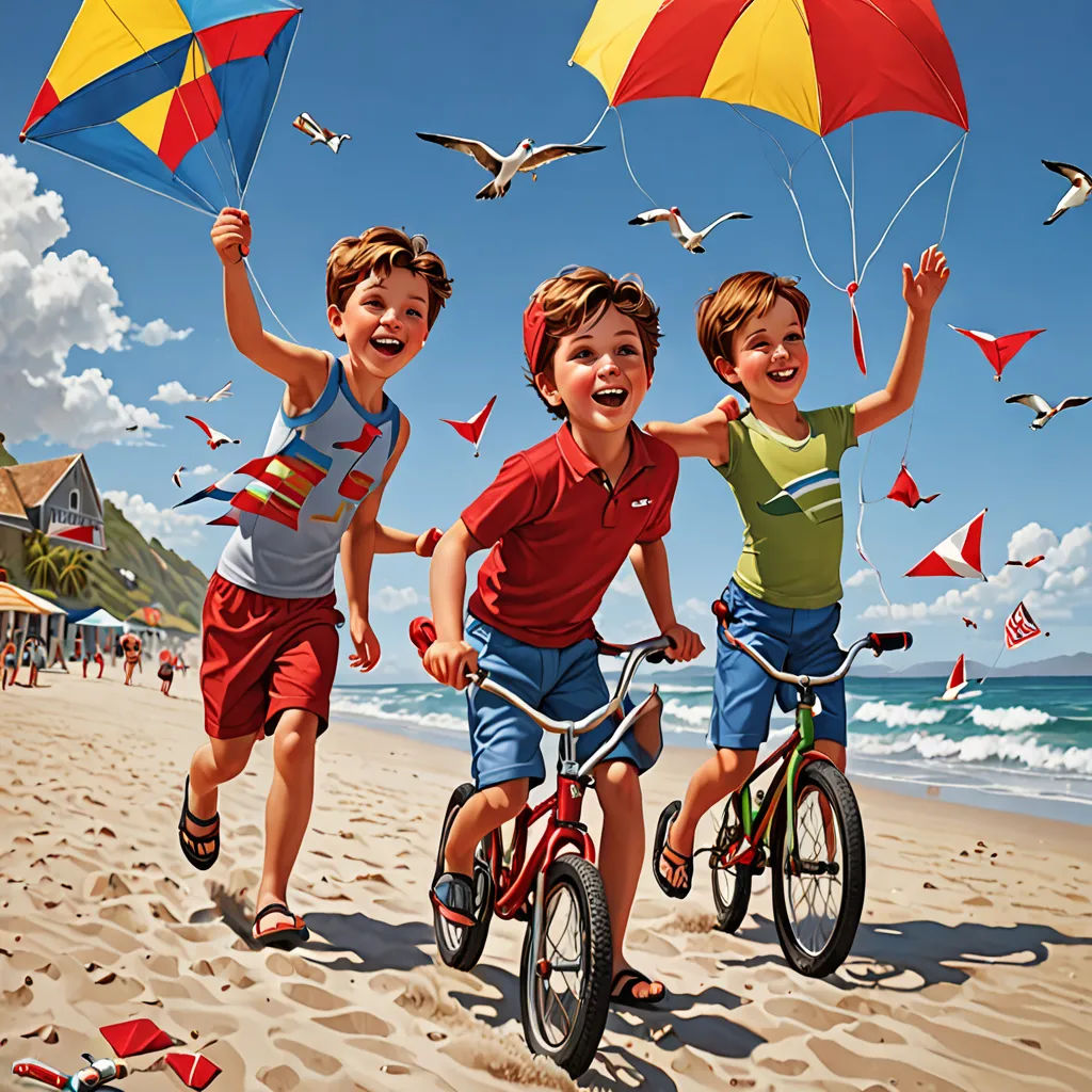 three boys on a beach with kites flying above them and a beach house in the background with a blue sky, american scene painting, an ultrafine detailed painting, Bob Byerley, highly detailed digital painting