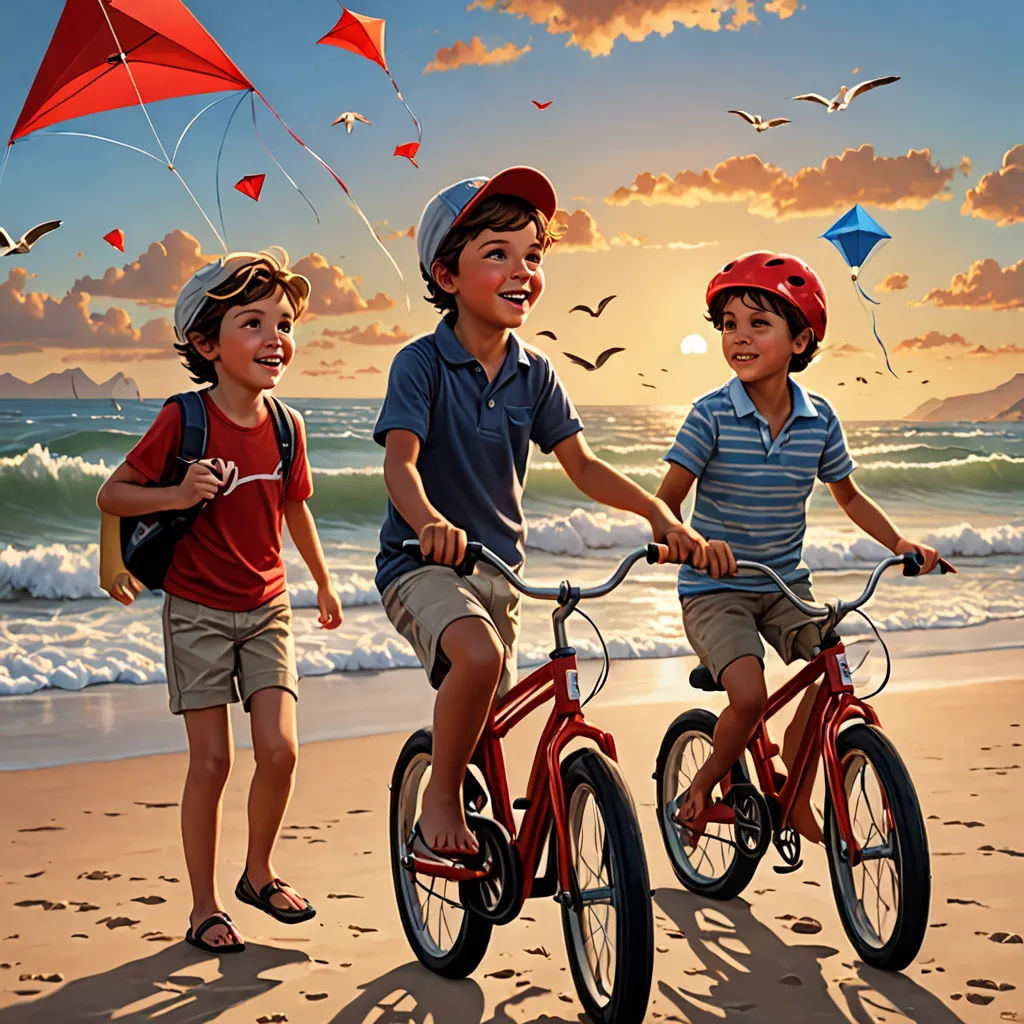three children riding bikes on a beach with kites in the sky above them and a sunset in the background, photorealism, a detailed painting, Bob Byerley, highly detailed digital painting