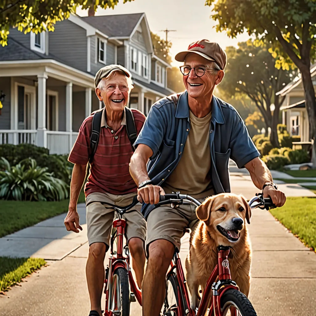 two men riding bikes with a dog on the front of them in front of a house with a driveway, american impressionism, a stock photo, Doug Ohlson, award - winning photography