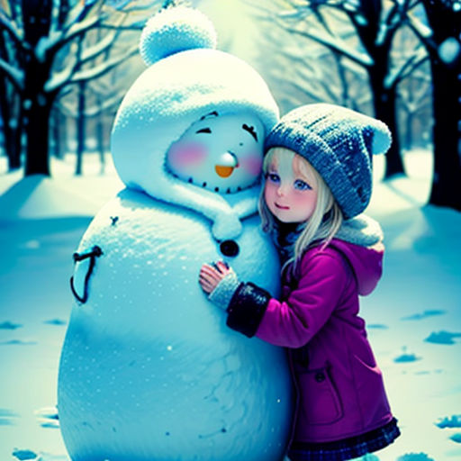 a girl hugging a snowman in the snow in a park at night time with a full moon in the background