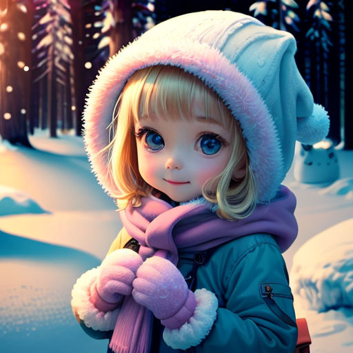 a little girl in a winter coat and hat standing in the snow with a cat in the background and a snowman in the background