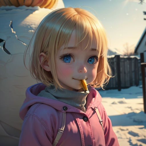 a little girl standing in front of a snowman with a cigarette in her mouth and a house in the background