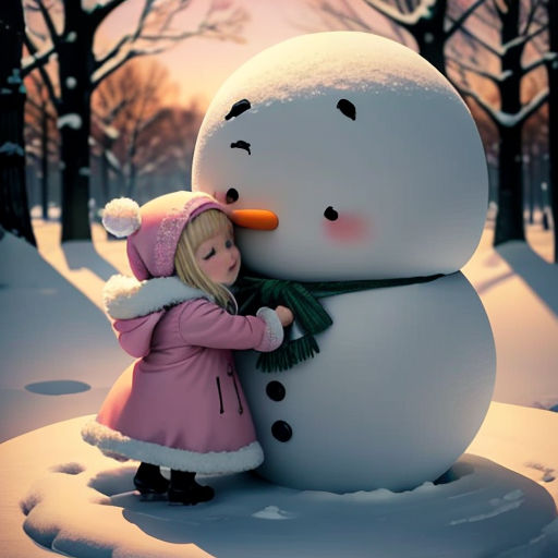 a little girl hugging a snowman in the snow in a park at sunset or dawn with a snowman in the background