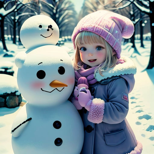 a little girl standing next to a snowman in the snow with a snowman behind her and a snowman behind her