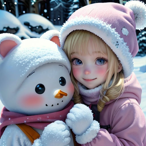 a little girl hugging a teddy bear in the snow in a winter scene with snow covered trees and snow covered ground