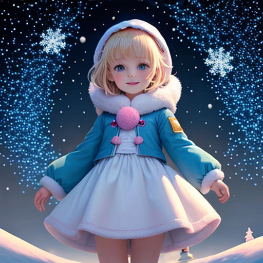 a little girl in a dress and hat standing in the snow with a snowman in the background and a snowman in the foreground