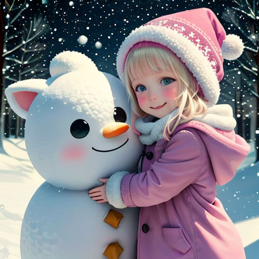 a little girl hugging a snowman in the snow with a snowman in the background and a snowman in the foreground