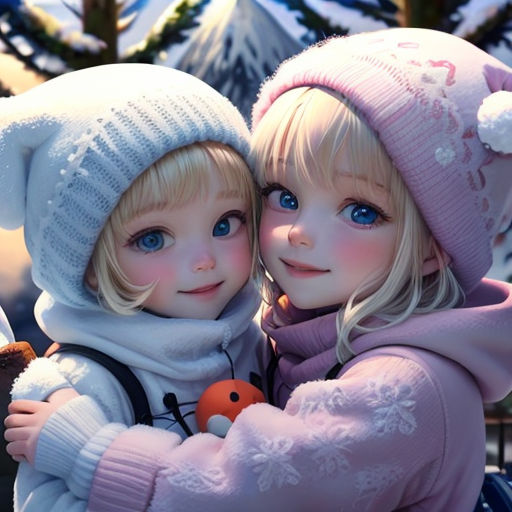 two dolls are hugging each other in the snow outside in winter clothes and hats, with a snowy mountain in the background
