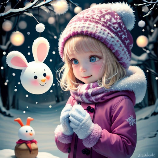 a little girl standing next to a snowman and a bunny in the snow with a snowman in the background