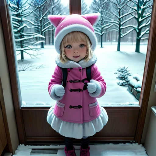 a little girl standing in front of a window wearing a pink coat and a white hat and pink boots