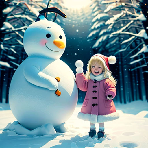 a little girl standing next to a snowman in the snow with a santa hat on and a snowman behind her